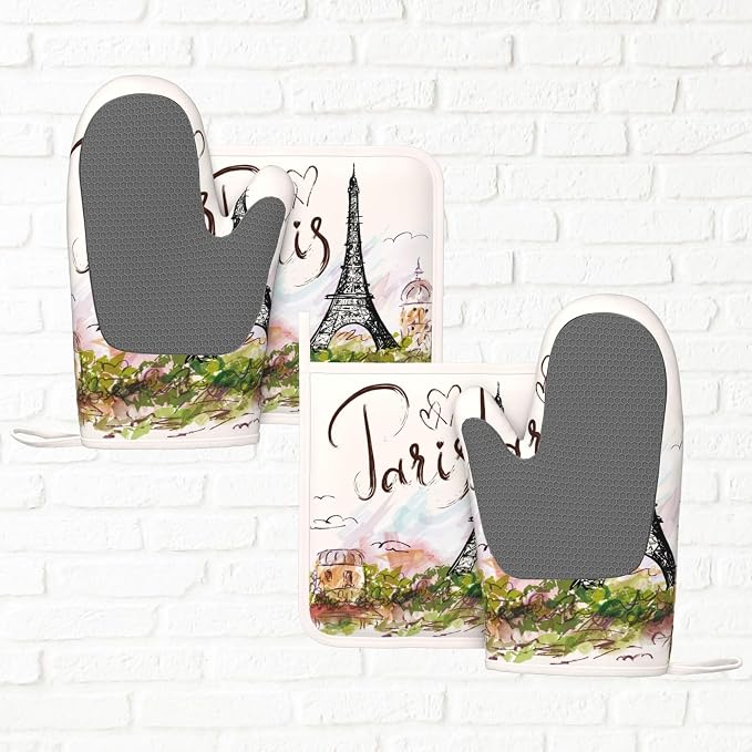 Pretty Romantic Paris Eiffel Tower Oven Mitts and Pot Holders Sets of 4 - Image 6