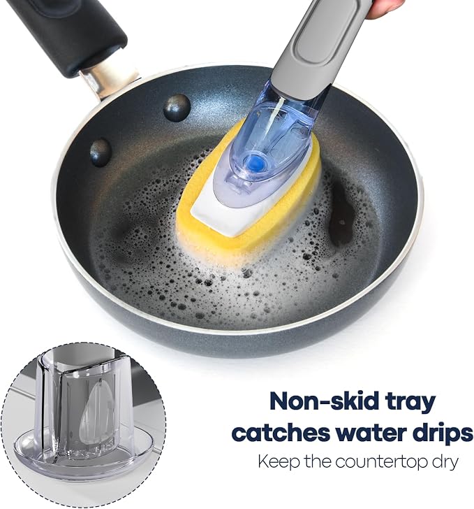 Dish Brush with Soap Dispenser Storage Set with 2 PCS Sponge Refills & Holder - Image 2