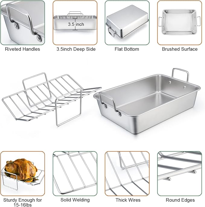 TeamFar Roasting Pan with Rack, 14 Inch Stainless Steel Turkey Roaster Lasagna - Image 5