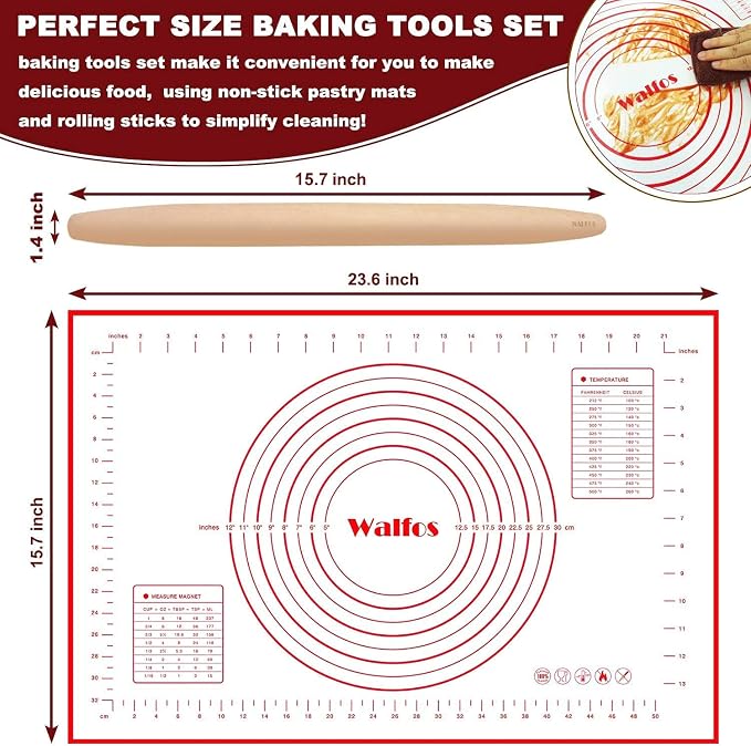 WALFOS French Rolling Pin and Silicone Baking Mat Set, Non-Stick Beech Wood - Image 5