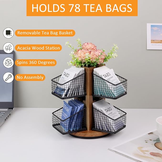 HTB Carousel Tea Bag Organizer for Counter, 2 Tier Tea Bag Holder - Image 6
