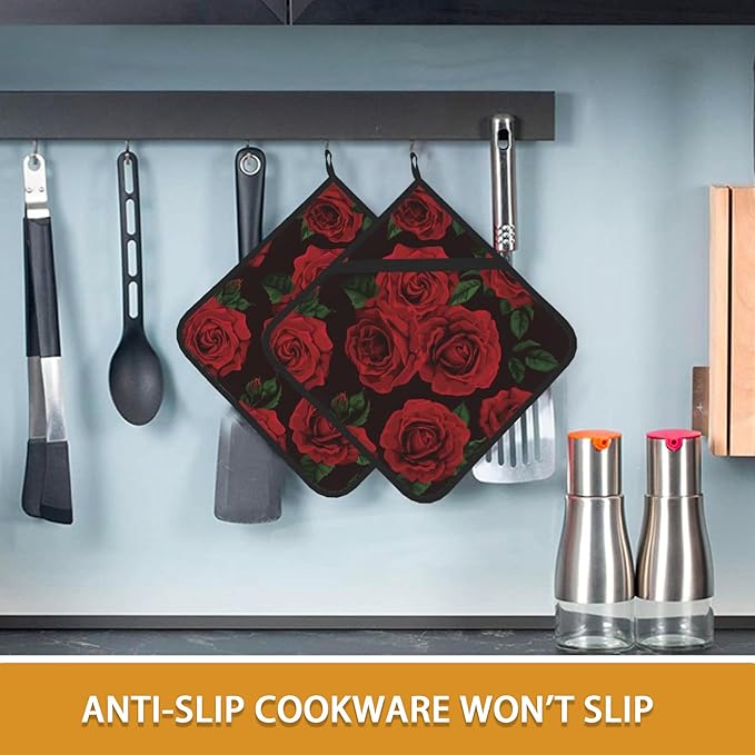 Vintage Red Rose Pot Holder Set of 2, Heat Resistant Potholders Oven Hot Pads - Image 6