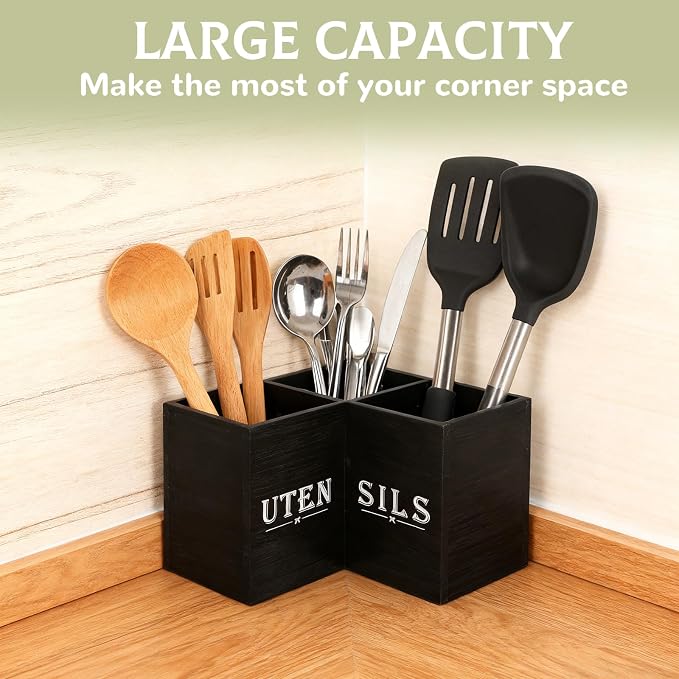 Kitchen Utensils Holder with 3 Compartments, Corner Utensil Caddy, Wooden - Image 4