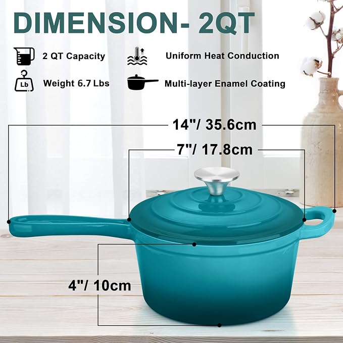 2 Quart Saucepan with Lid, Leonyo Enameled Cast Iron Sauce Pan, Cast Iron Pot - Image 2