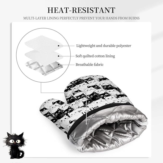 Black Cat Oven Mitts and Pot Holders Sets 3PCS, Cat Silicone Heat Resistant - Image 5