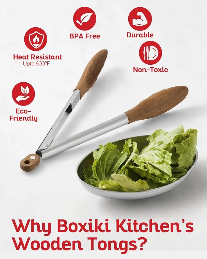 Boxiki Kitchen Wooden Tongs for Cooking - Image 5
