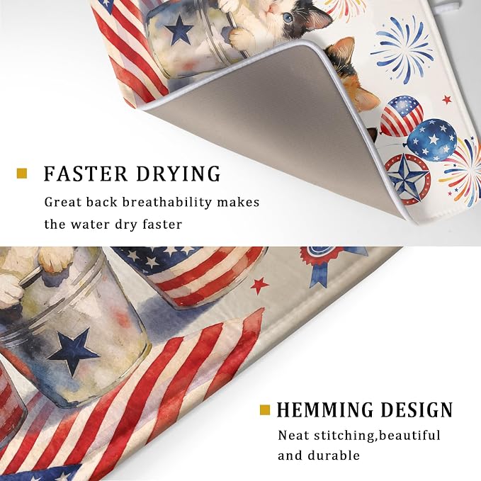 Vintage Patriotic Dish Drying Mat Cute Cats American Flag Drying Matt Kitchen - Image 3