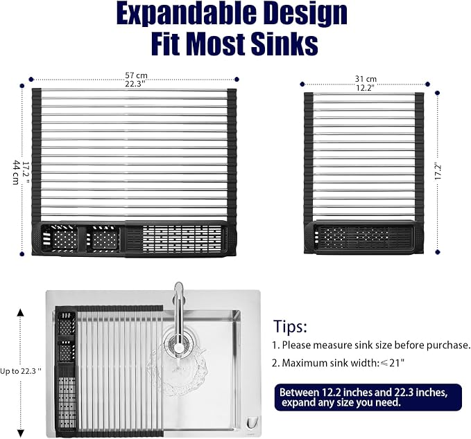 Roll Up Dish Drying Rack, Expandable Over The Sink Dish Drainer, Stainless - Image 3