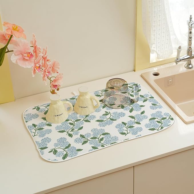 Blue Green Dish Drying Mat 18x24 Inch Vintage Floral Hydrangea Flower Drying - Image 6