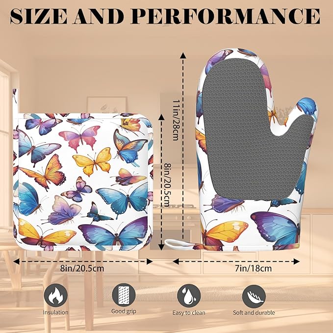 Colorful Butterflies Heat-Resistant Oven Mitts and Pot Holder Kitchen Non-Slip - Image 3