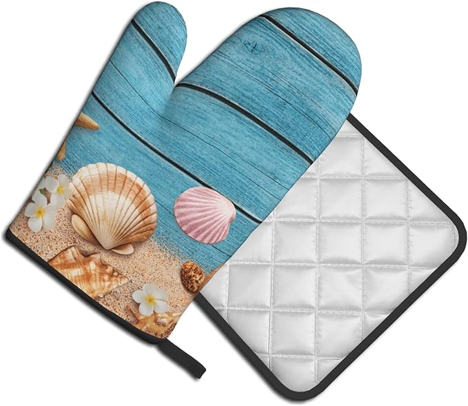 Coastal Oven Mitts and Pot Holders Sets Navy Blue Wooden Starfish Seashell Oven - Image 2