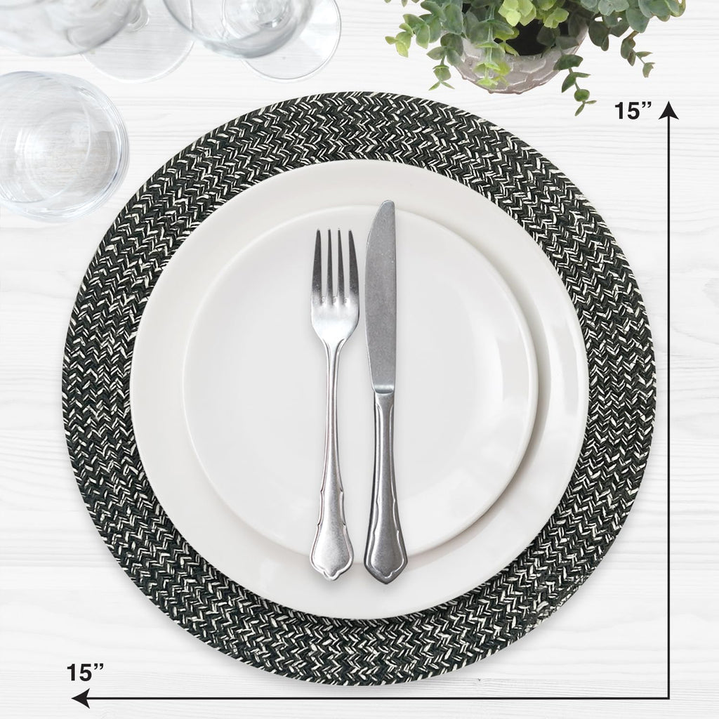 Marled Twist Set of 8 Placemats, 15" Round Cotton, Black, Heat
