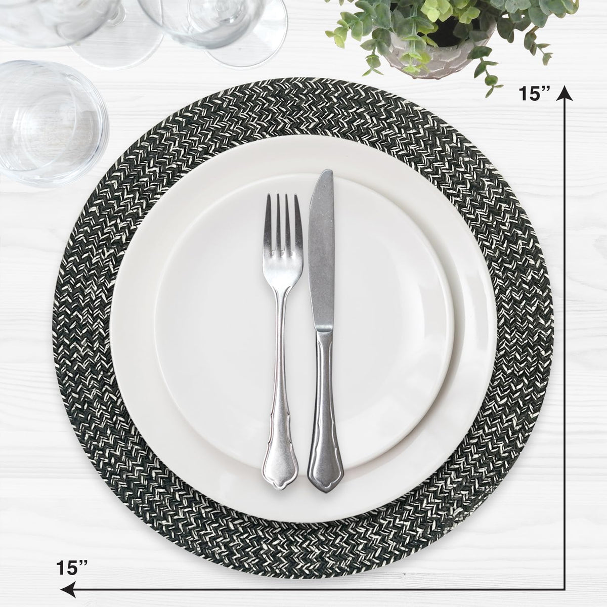 Marled Twist Set of 8 Placemats, 15" Round Cotton, Black, Heat