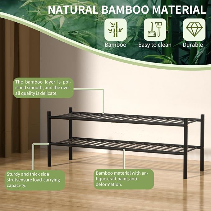 ROMGUAR CRAFT 2-Tier Bamboo Long Shoe Rack, Free Standing Wood Shoe Shelf - Image 5