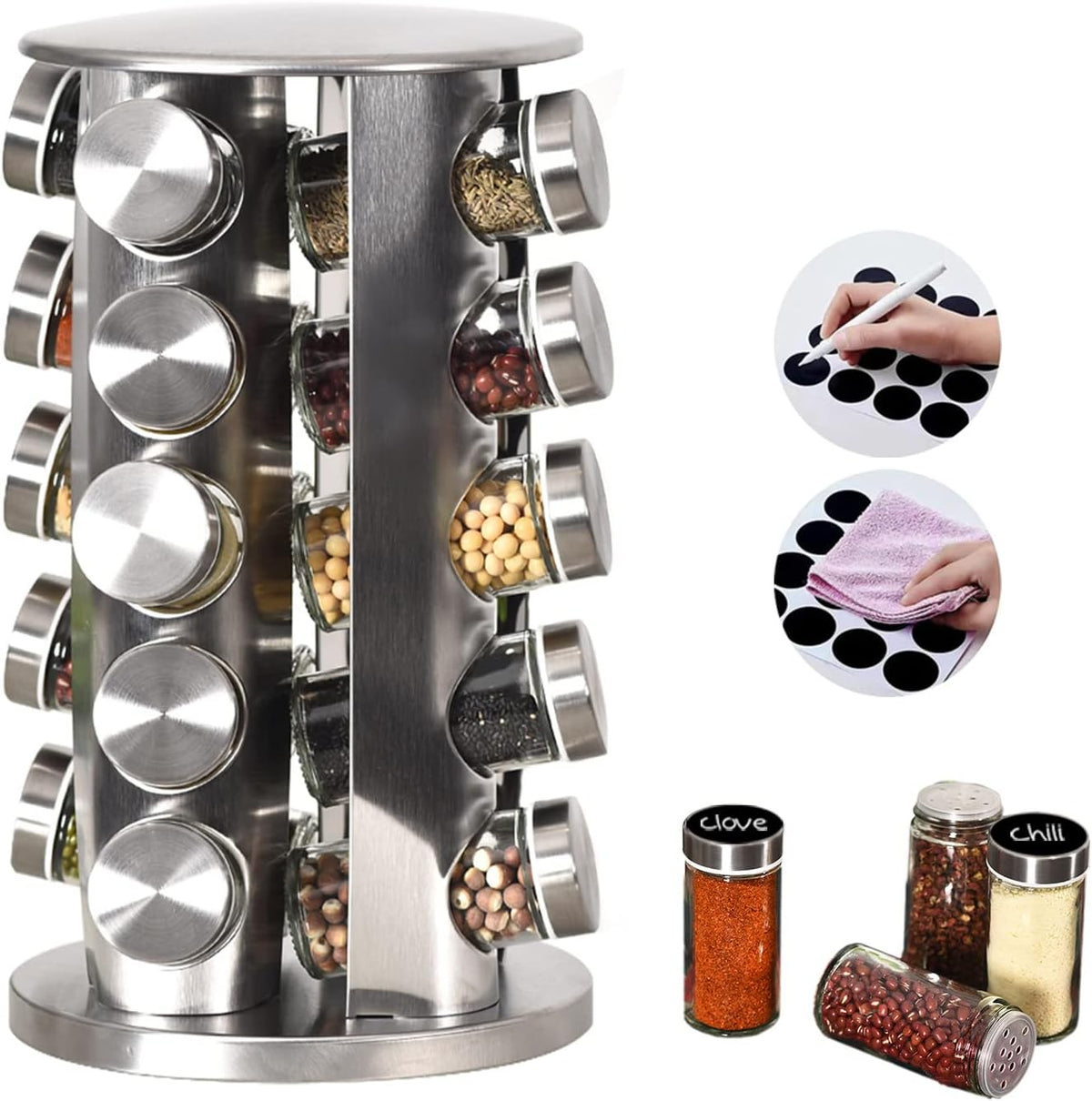 EBIZ&TECH 20-Jar Stainless Steel Rotating Spice Rack with Non-Slip