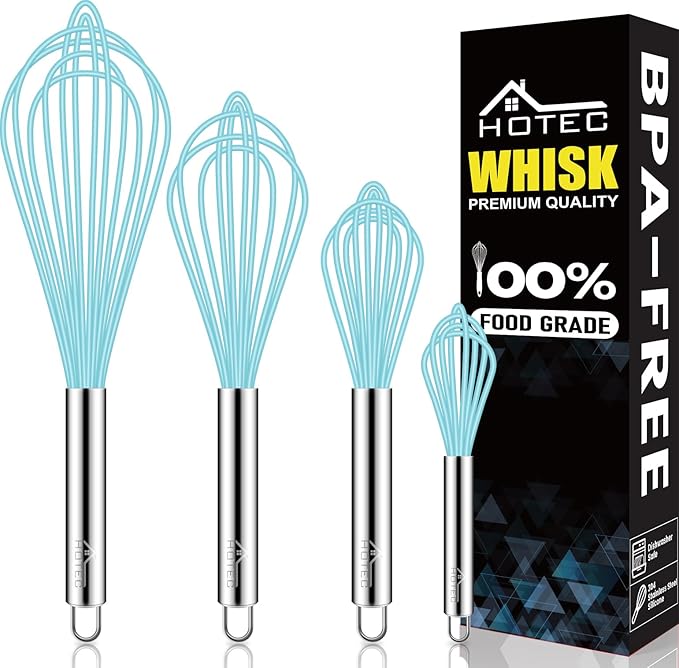 HOTEC 4 Pieces Silicone Whisks Set, Wire Balloon Whisks Egg Beater, Non-slip by Hotec