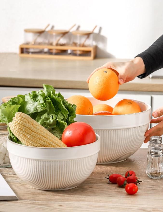 Ceramic Large Glazed White Stripe Mixing Bowls - Image 4