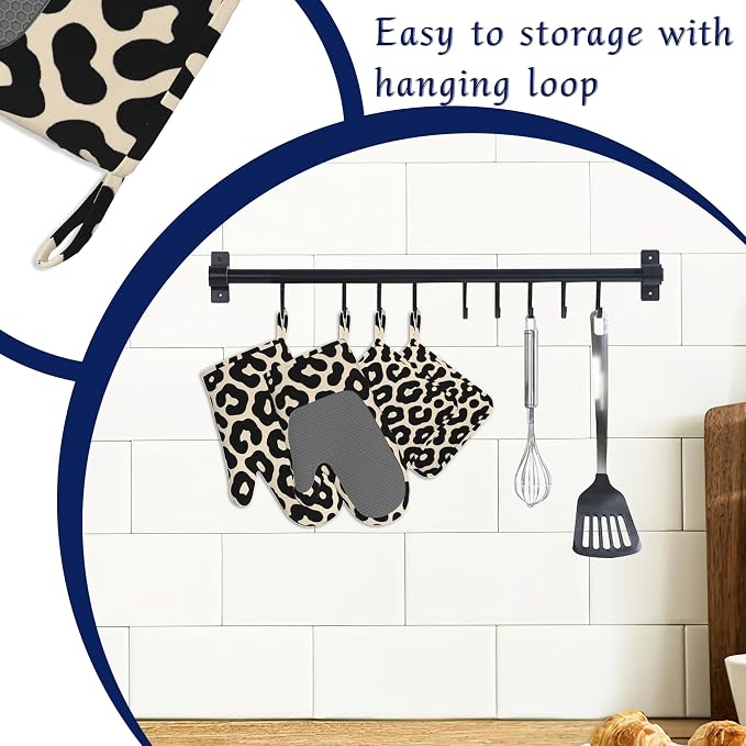 Black Leopard Print Pot Holders and Oven Mitts Set Silicone Cheetah Prints - Image 3