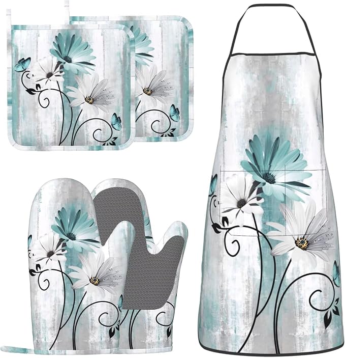 Teal Daisy Oven Mitts Pot Holders Cooking Apron Set of 5 Silicone Farm Teal by Unknown