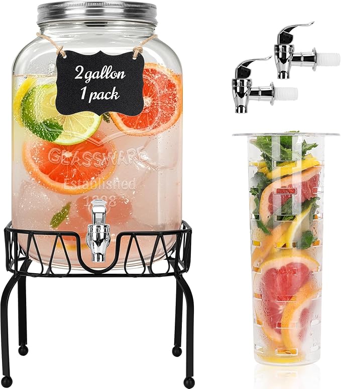 DHSBTLS 2 Gallon Glass Drink Dispensers, 1 Pack Clear Beverage Dispenser by DHSBTLS