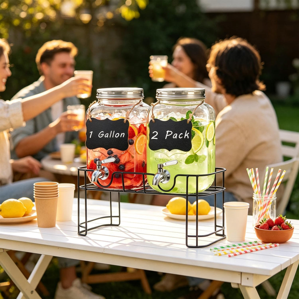 1 Gallon Glass Drink Dispenser with Stand & Stainless Steel Spigot,2