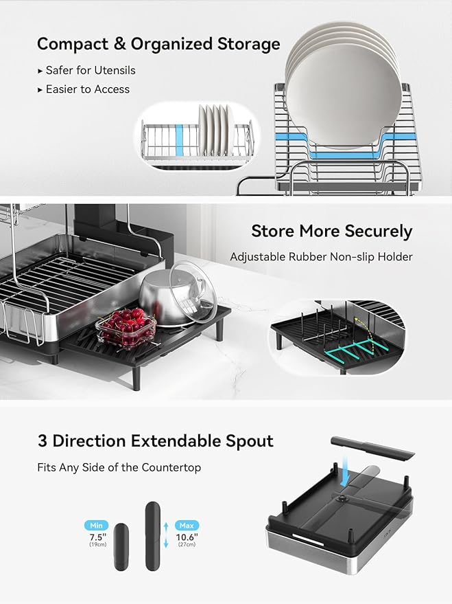 SUNLY 2 Tier Dish Drying Rack, Extra Large Dish Rack, Expandable Dish Racks - Image 6