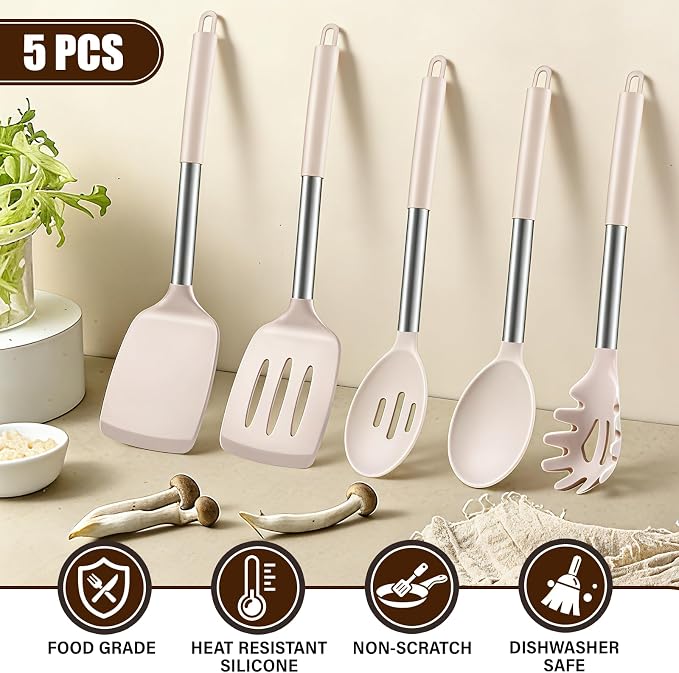 5Pcs Silicone Cooking Utensils Set, Heat Resistant Kitchen Tools Include - Image 4
