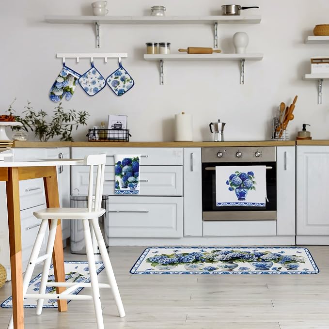 Fanfanwin 10 Pcs Chinoiserie Blue White Hydrangea Kitchen Decor Set Blue and - Image 2