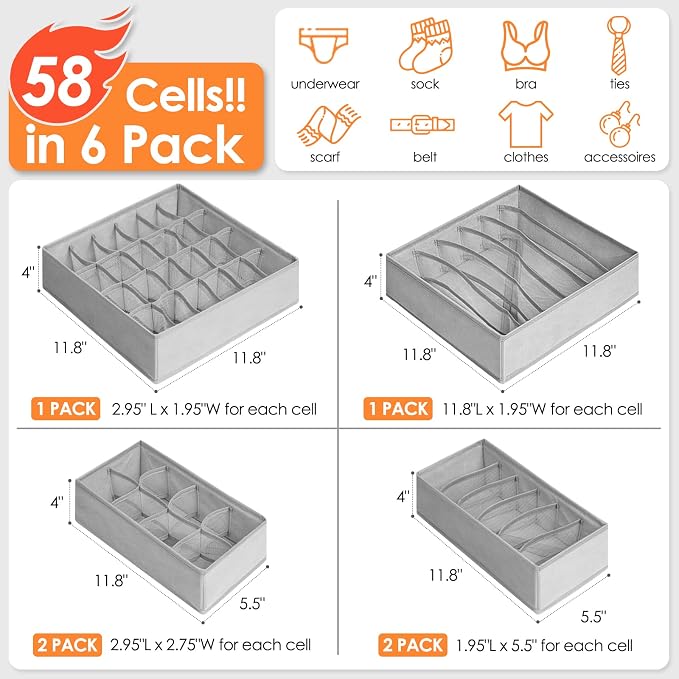 Criusia 6 Pack Sock Underwear Drawer Organizer Dividers, 58 Cell Foldable - Image 4