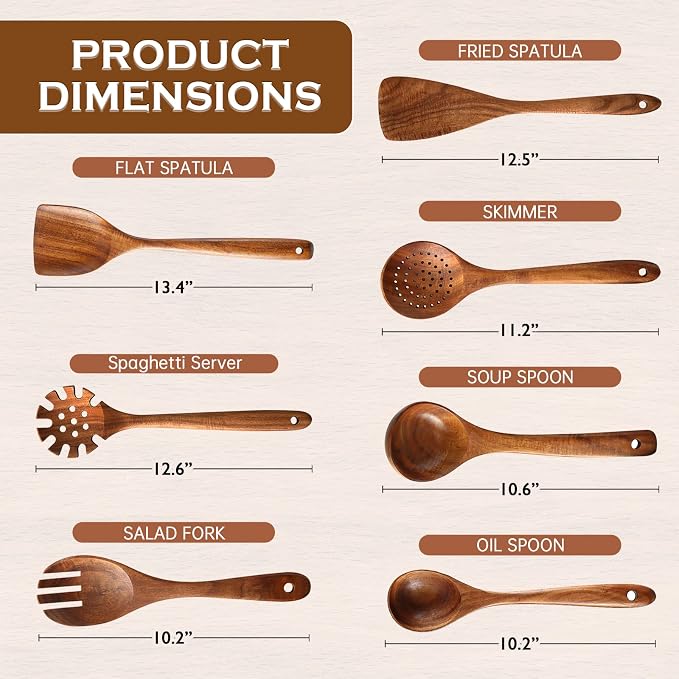 Wooden Spoons for Cooking 7Pcs Natural Acacia Wooden Utensils Set, Wooden Spoon - Image 2