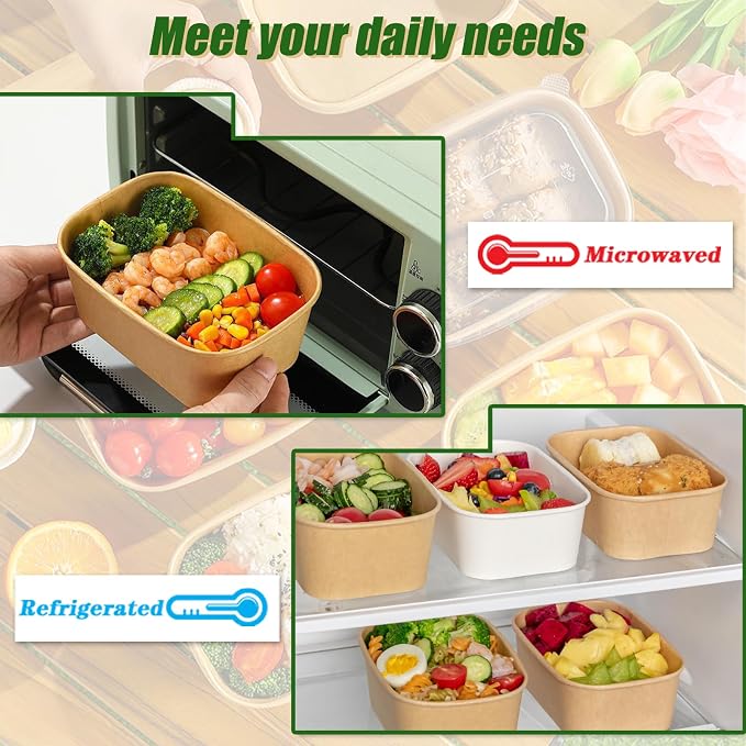 50-Pack 35oz Disposable Kraft Paper Bowls【with Lids and Forks】, Large Meal Prep - Image 4