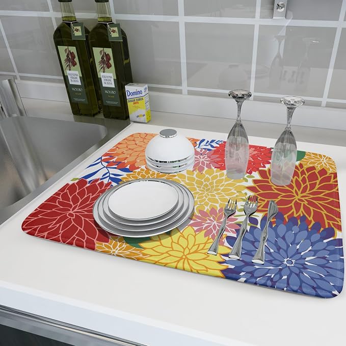 Modern Floral Dish Drying Mat Large Multicolored Tropical Drying Pad - Image 6