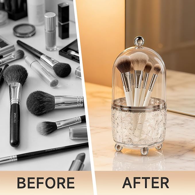 Makeup Brush Holder with Lid, Cosmetic Tools Organizer with Cover, 360° - Image 3