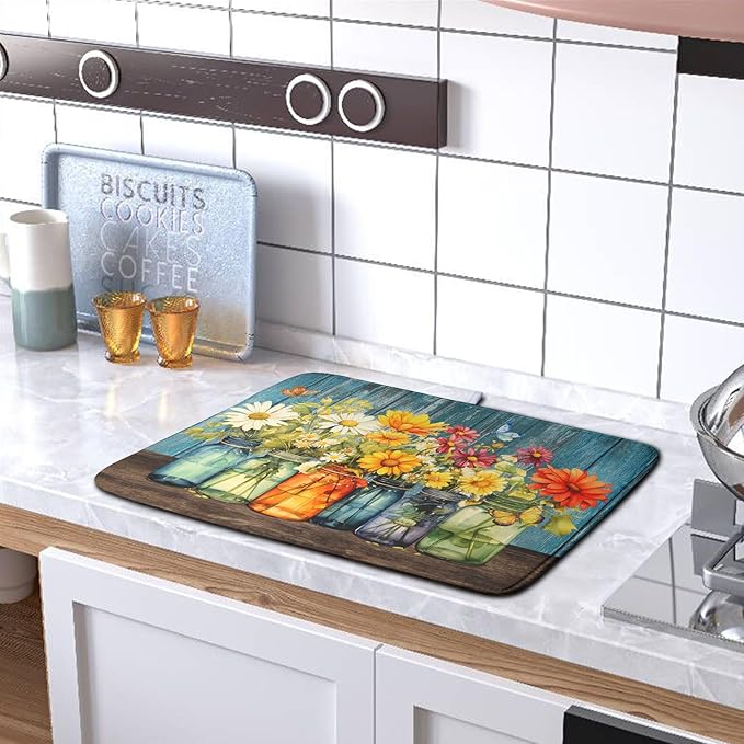 Daisy Dish Drying Mat for Kitchen Counter 16x18 Inch Rustic Vintage Flower - Image 5