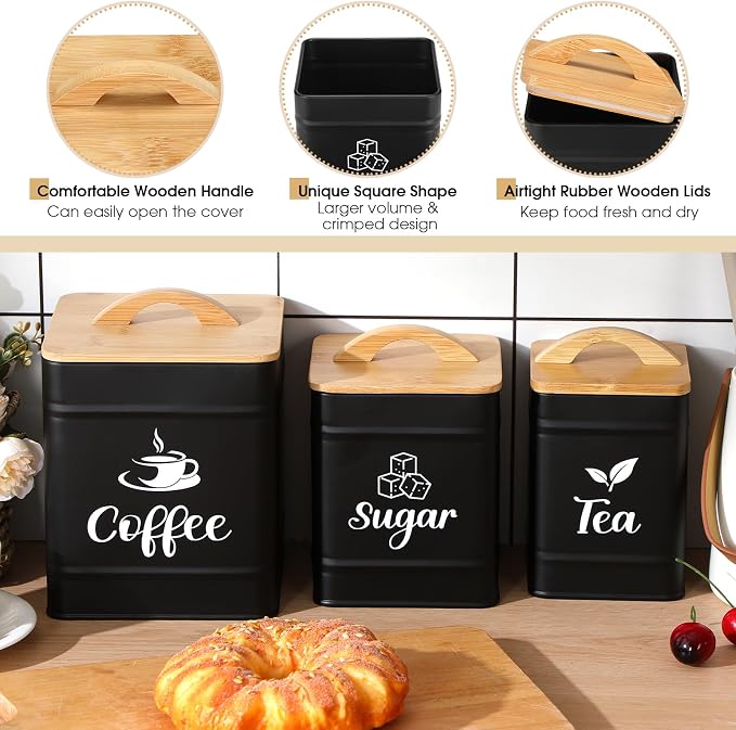 Maxdot 3 Set Coffee Sugar Tea Containers, Square Airtight Kitchen Canisters - Image 3