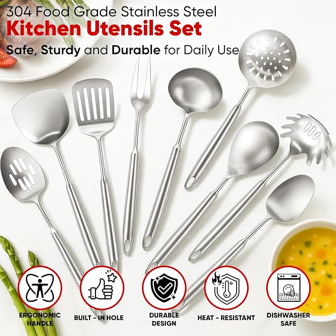 Newness 9 Pcs Cooking Utensils Set, 304 Stainless Steel Kitchen Utensils Set - Image 4