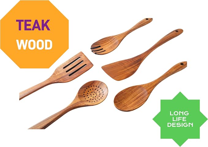 Teak Wooden Spoons for Cooking:6 Piece Wood Kitchen Utensils Set, Comfort Grip - Image 7
