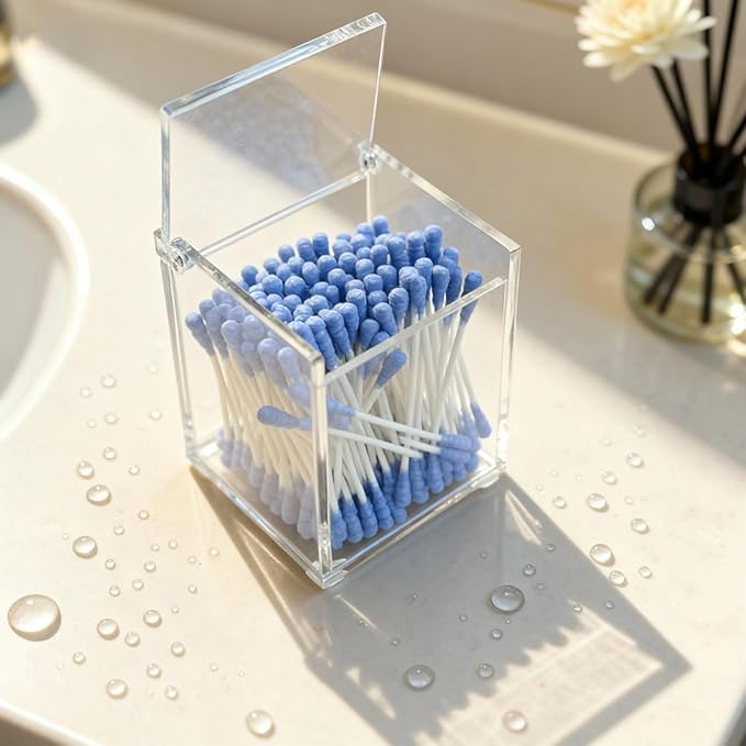 Clear Acrylic Qtip Holder with Lid, Cotton Balls Swab Organizer, 2.95" x 2.56" - Image 5