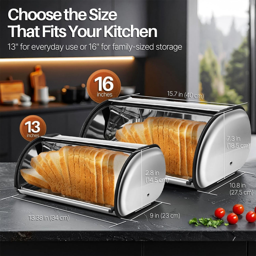 Flexzion Stainless Steel Bread Box for Kitchen Countertop, 13 Inch