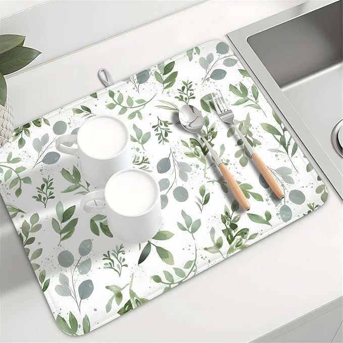 Spring Summer Sage Green Leaves Dish Drying Mat 16 x 18 Inch Spring Eucalyptus - Image 8
