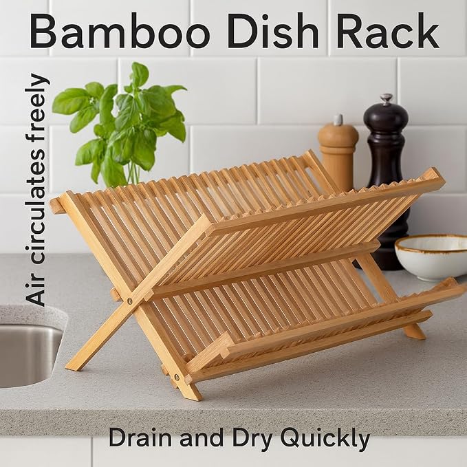 HIC Kitchen Bamboo Folding Dish Drying Rack, 20.5 x 13-Inches - Image 2