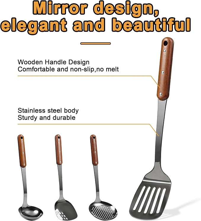 FJNATINH Stainless Steel Wok Spatula, Slotted Spatulas, Skimmer Ladle Tool Set - Image 2