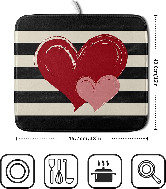 Valentines Day Dish Drying Mat for Kitchen Counter 16x18 Inch Red Pink Love - Image 2