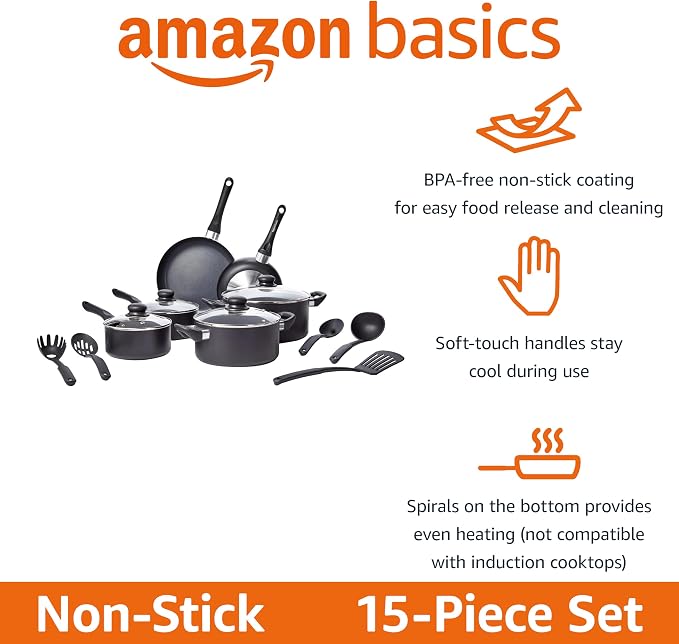 Amazon Basics Non-Stick Kitchen Cookware 15-Piece Set - Image 2