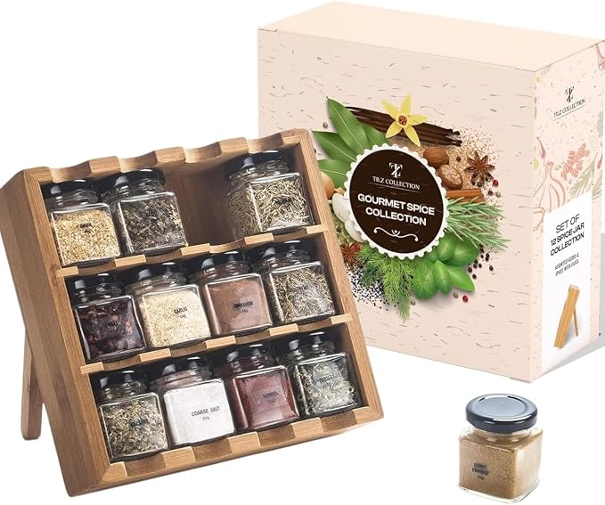 TILZ GEAR Wooden 3-Tier Spice Rack, 12 Filled Glass Jars, 12 Organic Spices - Image 9