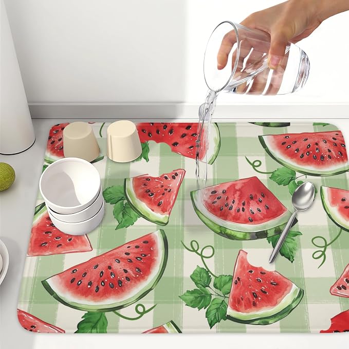 Summer Dish Drying Mat for Kitchen Counter Watercolor Watermelon Green Buffalo - Image 6