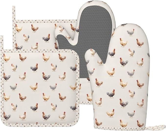 Oven Mitts and Pot Holders Set, Chicken Pattern Silicone Kitchen Accessories 4 by DADABULIU
