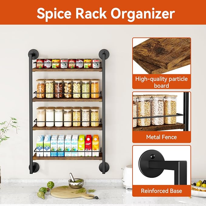 IBUYKE Spice Rack Wall Mount, 4 Tier Hanging Seasoning Organizer, Large Spice - Image 6