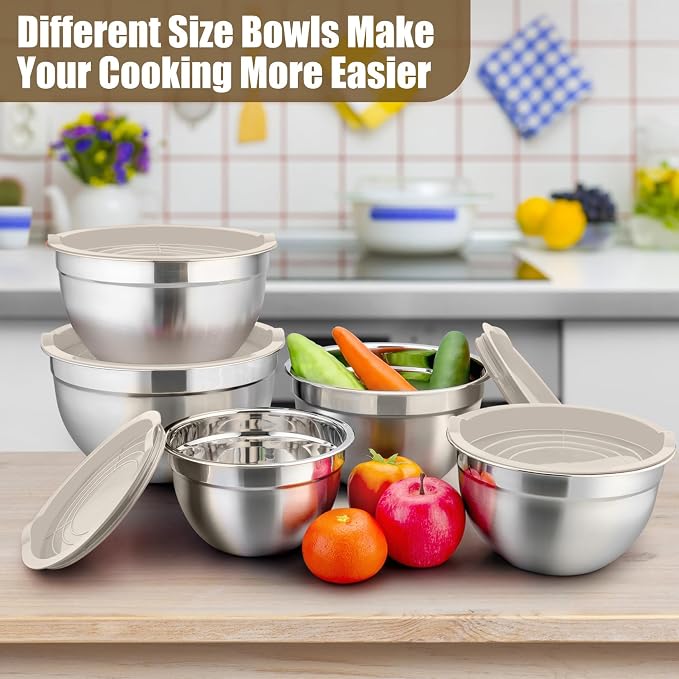 P&P CHEF Mixing Bowls with Airtight Lids Set of 5, 10-Piece Stainless Steel - Image 2