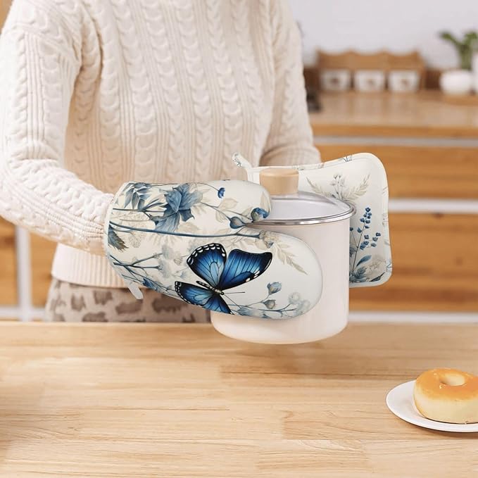 Oven Mitts and Pot Holders Butterfly Blue Flower Boho Silicone Kitchen - Image 7